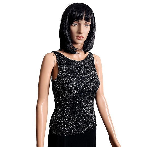 Papell Boutique Black Silk Beaded & Sequined Top - Picture 2 of 12